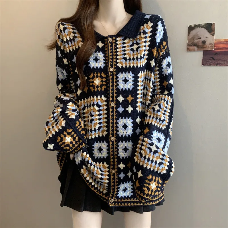 سترة نسائية محبوكة برقبة بولو من قماش الجاكار العرقي للسيدات والفتيات مقاس كبير ملابس غطاء سترة جميلة للخريف والشتاء #2