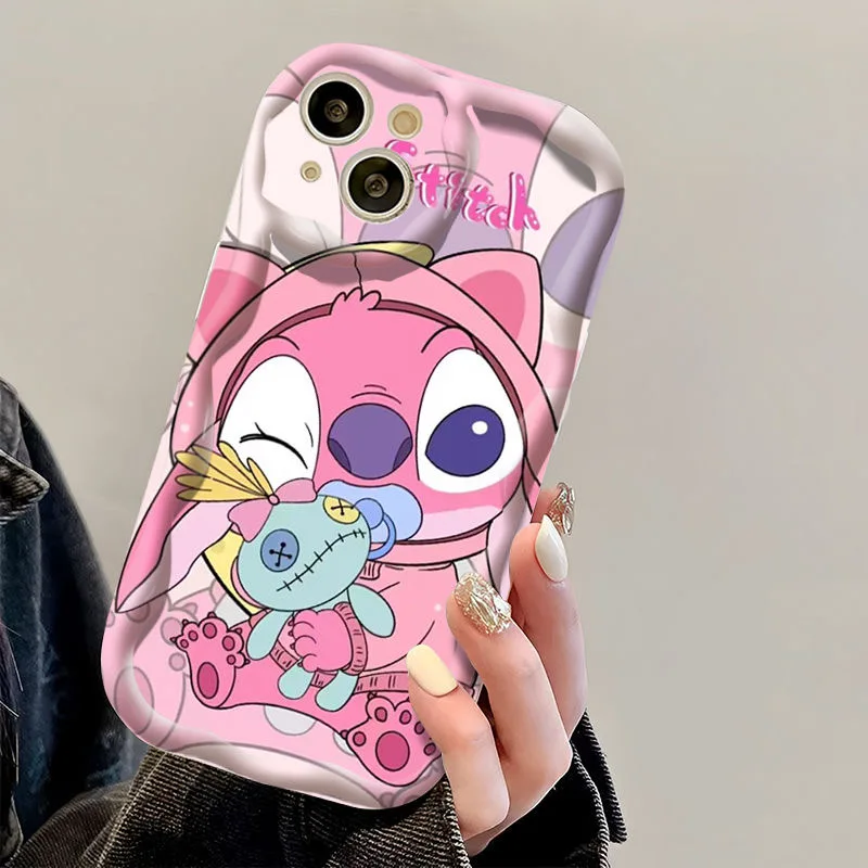 Cute Stitch and Angie Couple 3D Wave Phone Case for OPPO Reno 11 F 8 T 7 Z 6 5 4 Pro F23 F11 F9 4G 5G Soft Silicone Back Cover