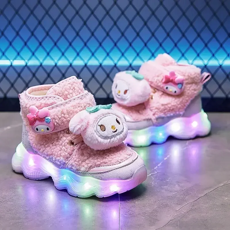 

Sweet My Melody Anime Kawaii Kuromi MINISO Children Snow Boots Winter Cute Fleece Luminous Cotton Shoes Gifts for Kids