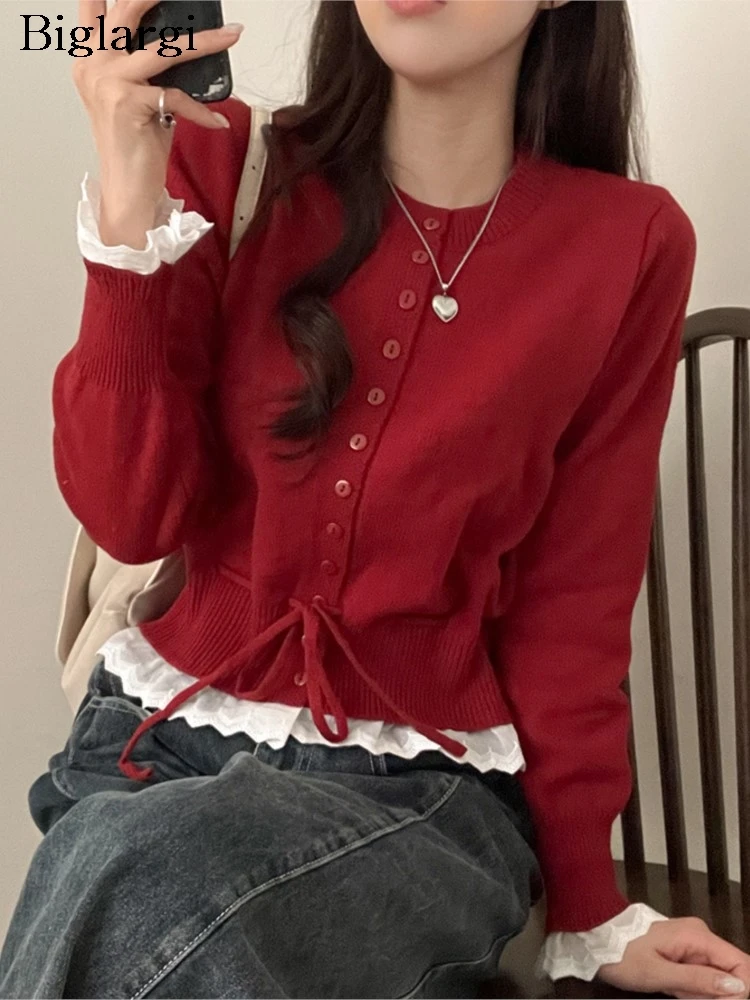 

Knitted Autumn Fake Two Piece Set Cardigan Women Lace Patchwork Sweet Fashion Ladies Cropped Cardigans Korean Woman Sweaters