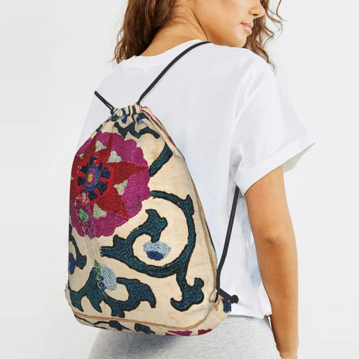 Shakhrisyabz Suzani Joynamoz Uzbekistan Floral Embroidery Print Backpacks Drawstring Bundle Pocket Sundries Bag Book Bags Travel
