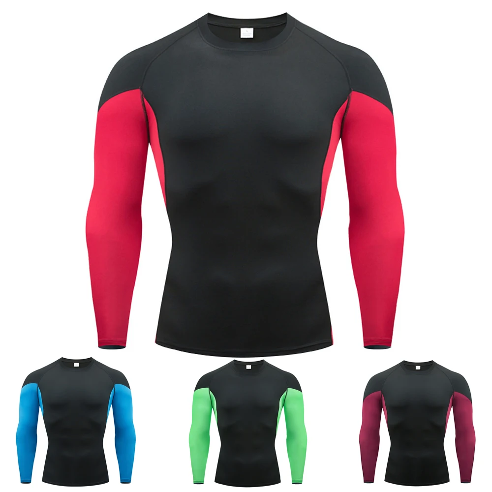 

Contrasting Colors Blocking Elastic Men T-Shirt Long Sleeve Compression Running Cloth Dry Fit Sportswear Outdoor Jogging Fitness