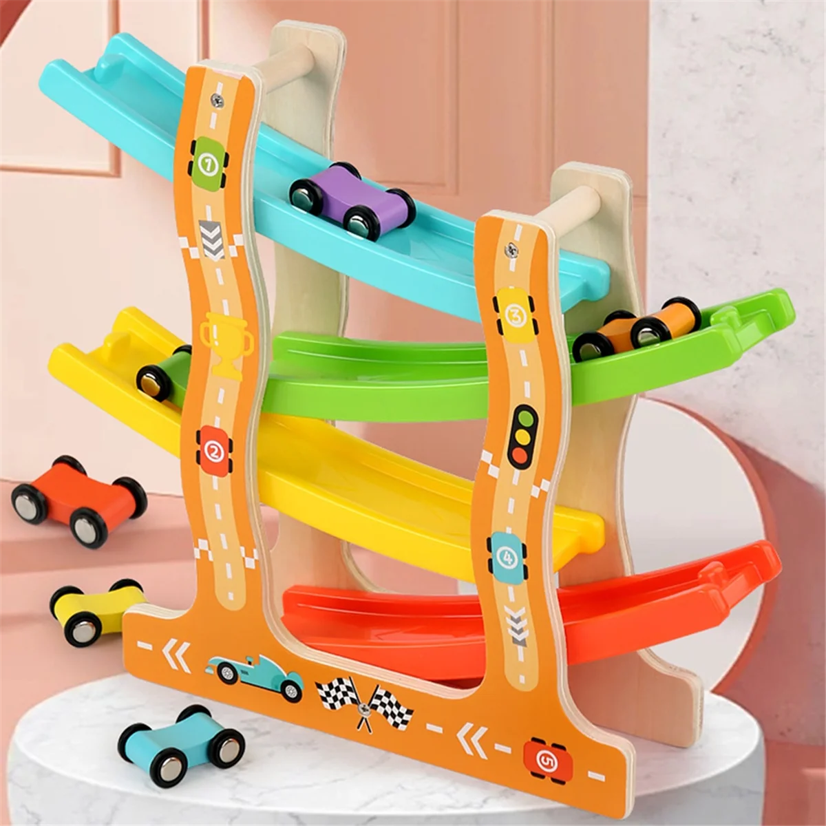 

Y03A Wooden Racing Slide Cars Track Parking Lot Toys Gliding Ladder Vehicles DIY Education Xmas Birthday Gifts for Kids