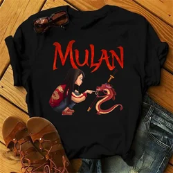 Śliczne Disney Mulan księżniczka nadruk graficzny damski czarny T-shirt moda damska koszulki z krótkim rękawem dziewczyny Cartoon Casual topy Tee