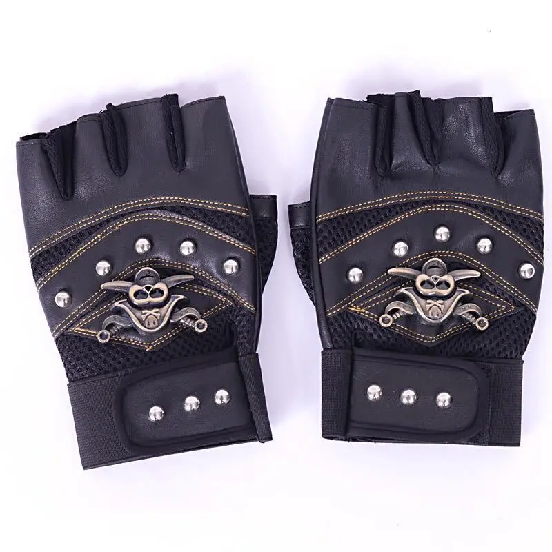 Punk Skulls Rivet PU Leather Gloves Men Women Fashion Hip Hop Anti-slip Half Finger Gloves Summer Cycling Motorcycle Accessories