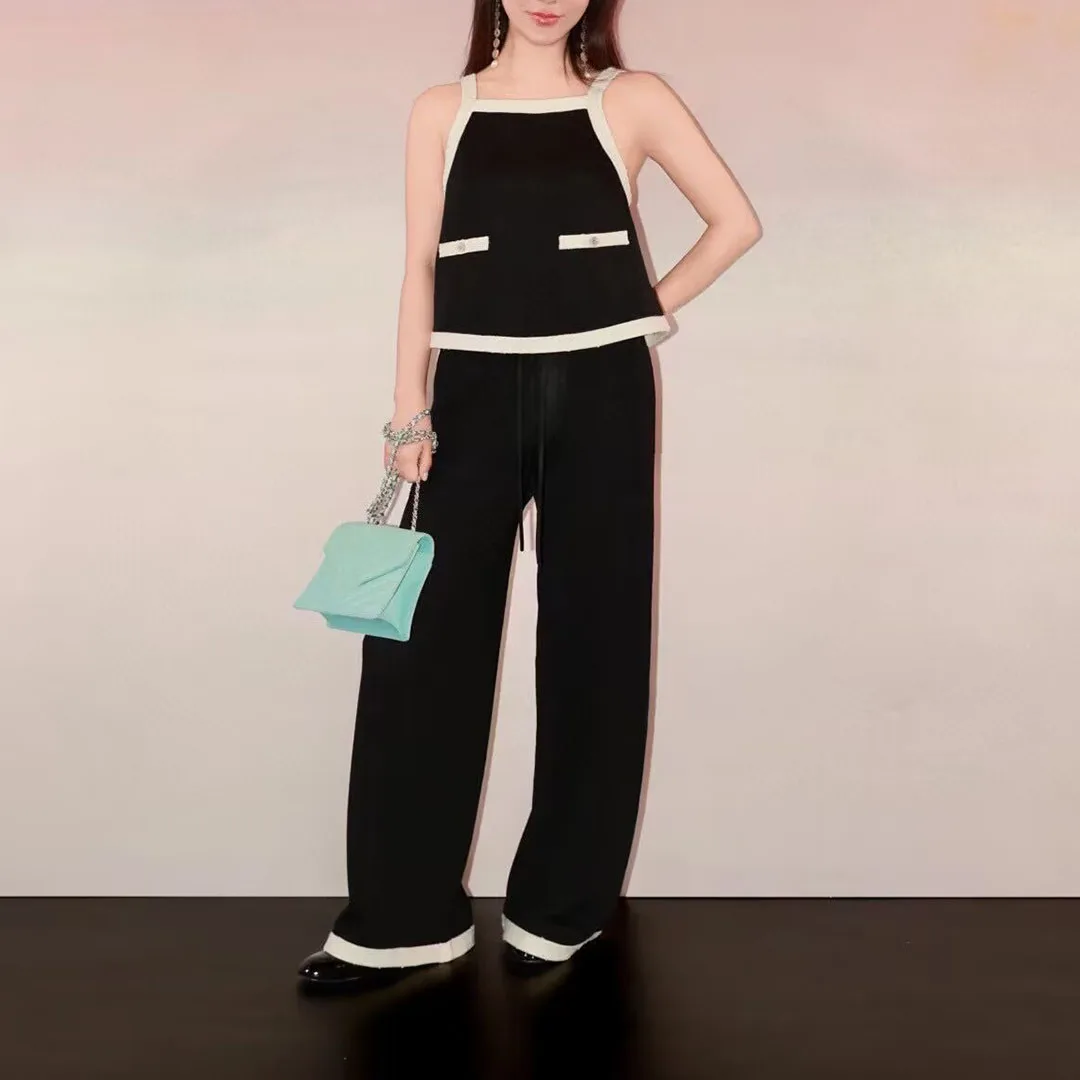 2025 New Fashion Autumn Knitted Wide Leg Pants Women Elastic Waist Pockets Stripes Patchwork Loose Casual Trousers