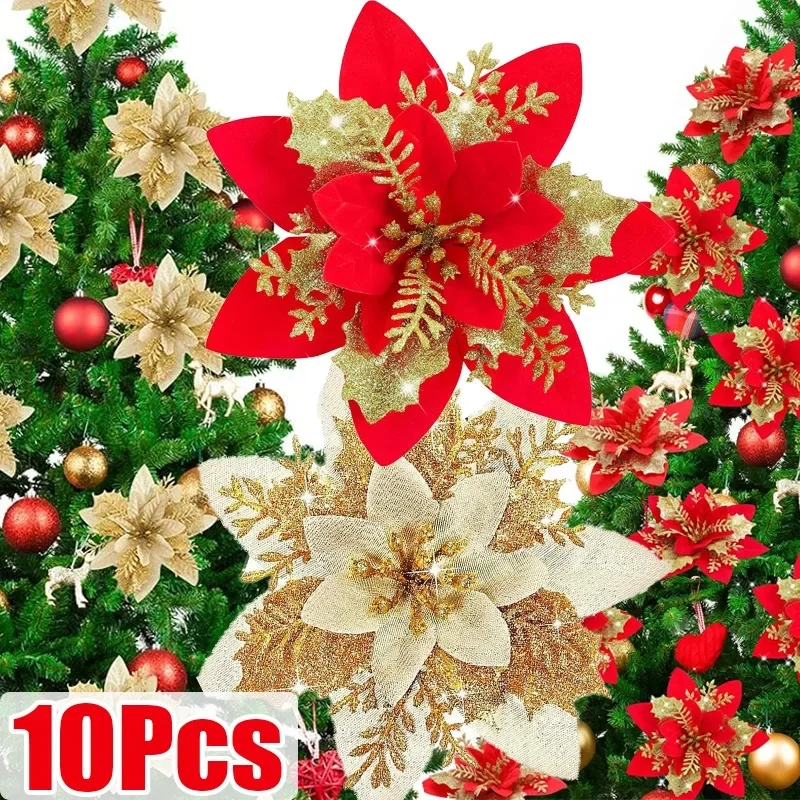 Glitter Christmas Artifical Flowers Bing Red Gold Flower Heads for Christmas Tree Pendant Ornaments New Year Xmas Party Decors