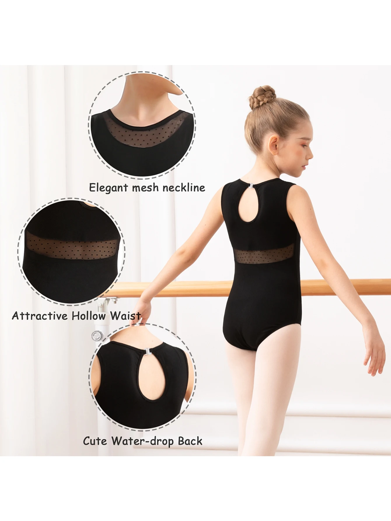 Girls Hollow water-drop Back Ballet Leotard Toddler  Waist Mesh Dance Gymnastic Outfits Kids SleevelessTank Dancewear