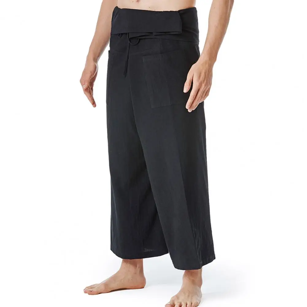 Flax Thai Fisherman Pants Loose Men Harem Trousers Solid Color Drawstring Wide Legs Martial Arts Trousers Casual Pirate Pants