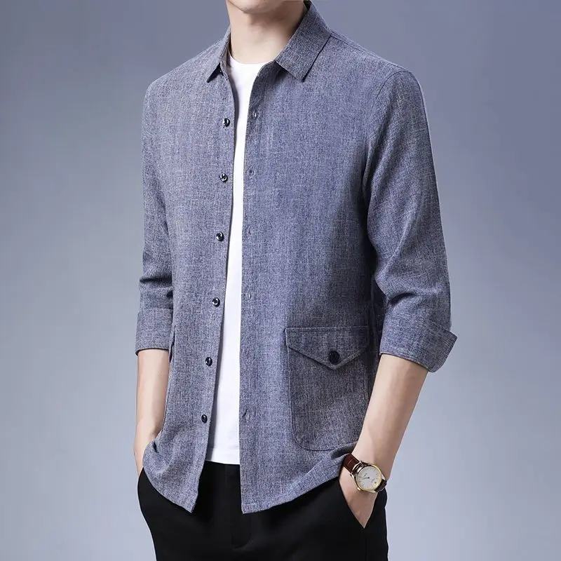 

Spring Autumn Men's Loose Long Sleeve Solid Color Collar Shirt JJ195