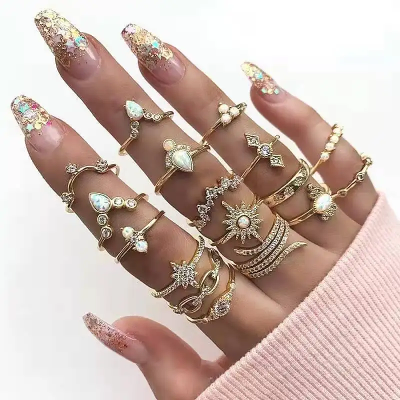 17 PCS/Set Fashion Geometric Punk Rings For Women Crystal Gold color Finger Ring Ladies Jewelry Wedding Rings Party Gifts