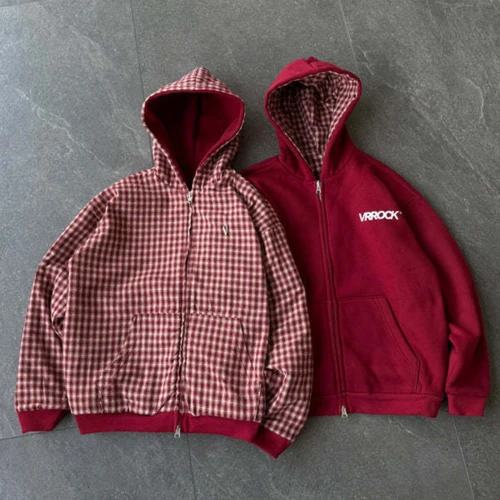 Imagen 2 del producto Cárdigan con Capucha a Cuadros Estilo Europeo Americano, Unisex, Retro, Holgado, Moderno, con Cierre, Sudadera Casual de Moda Urbana