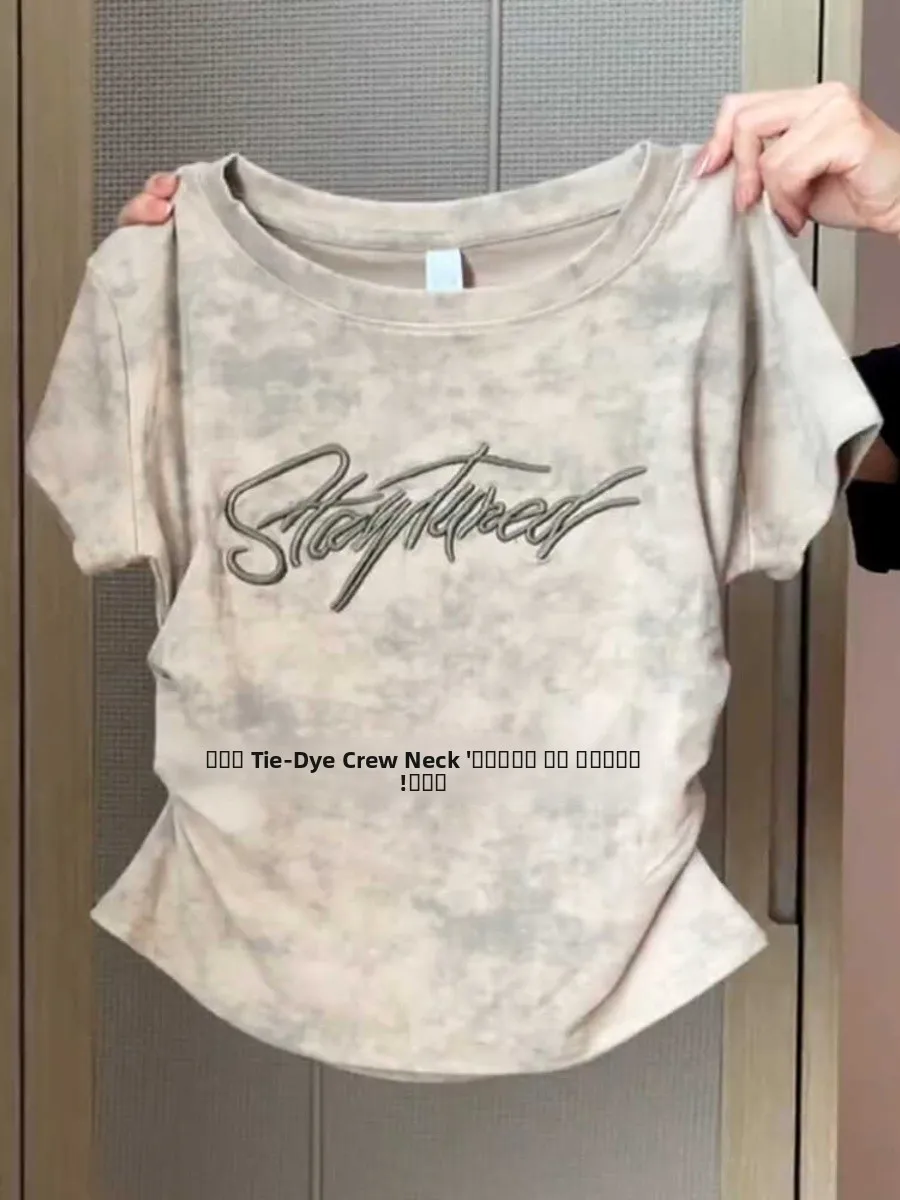 

Летняя приталенная женская футболка Tie Dye ort Sve с завязкой на талии, модный топ для поездок на работу, корейская версия, креативный узор