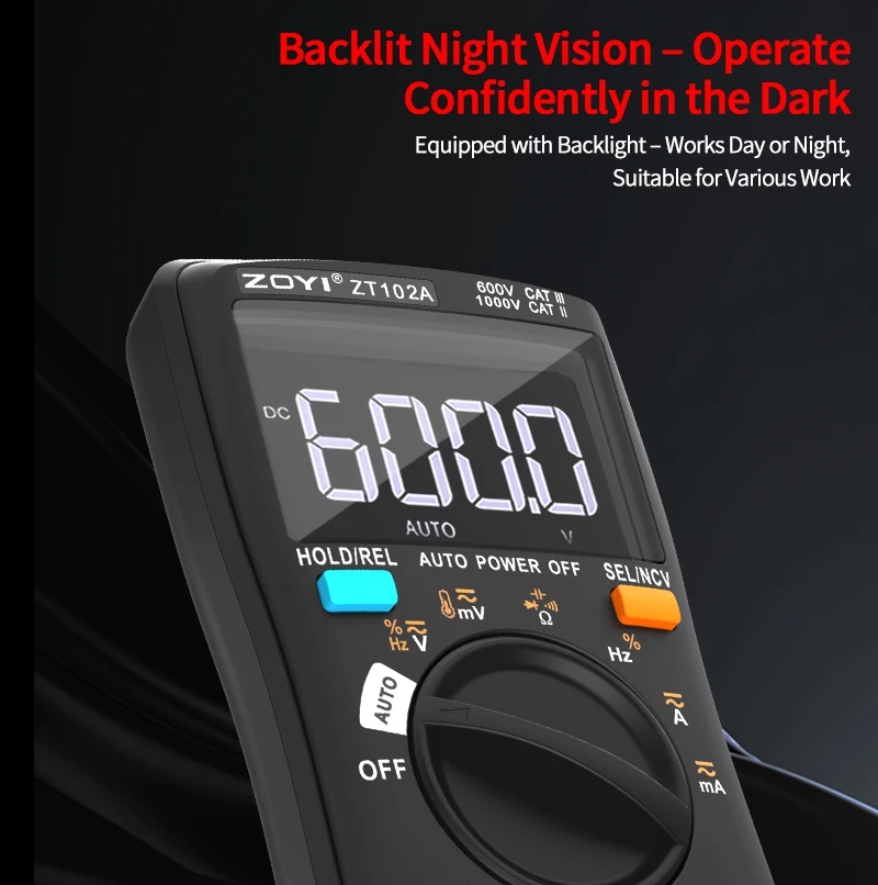 

ZOYI Auto-Identify Digital Multimeter 6000 Counts TRMS 1000V/10A AC/DC Tester for Electrical Engineering PV Mining