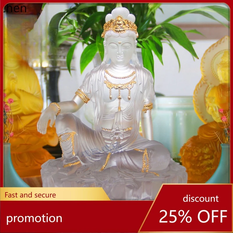 

Cz1 free guanyin real glass buddha statue ornament home living room buddhist hall worship display guanyin bodhisattva craft gift