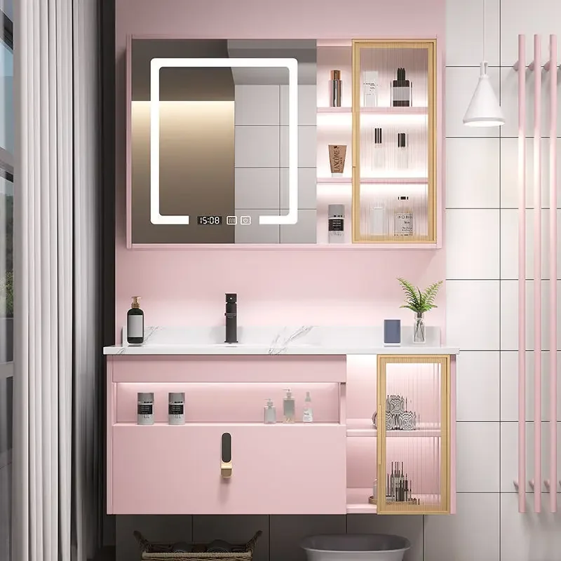 Mueble de baño inteligente moderno, bonito y rosa, combinación de lavabo, ligero, Red de lujo, mueble rojo, baño, roble, Color té de la leche