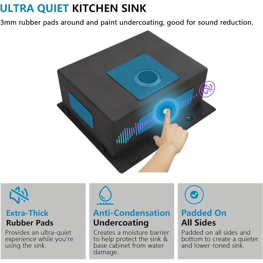 حوض مطبخ مقاس 25 بوصة × 22 بوصة لغرف أدوات الغسيل RV - سطح متين بمقياس 16 304 من الفولاذ المقاوم للصدأ