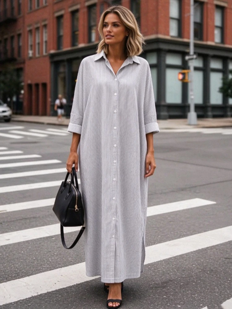 Spring new plus size ladies cotton and linen striped cardigan loose temperament commuter irregular dress 5