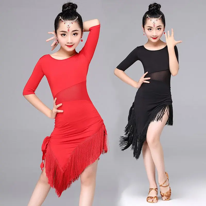 

Kids Latin Dancewear Gymnastics Practice Tassel Dress Girls Performing Dancing Dress