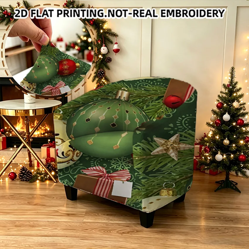 Christmas seamless pattern with baubles, pine branches printed armrest sofa cover, 2D printed elastic single club sofa cover
