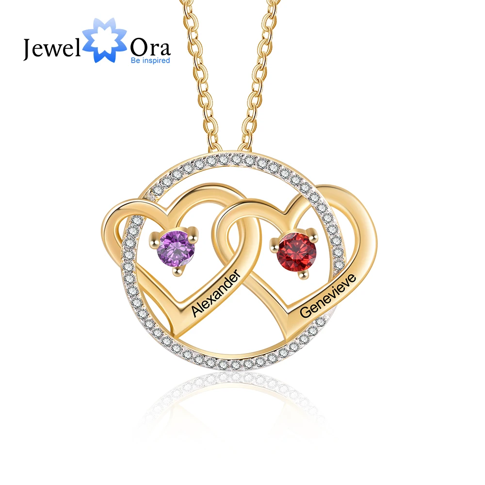 

Gold Color Personalized Name Engraving Interlocking Heart Necklace Custom Birthstone Circle Pendants for Women Gift for Mother