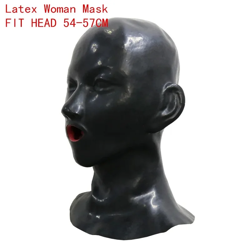 0.6mm Thickness 3D Latex Hood Rubber Mask Fetish with Mouth Gag Plug Long Nose Tube Back Zip for Women Head Around 54-57cm