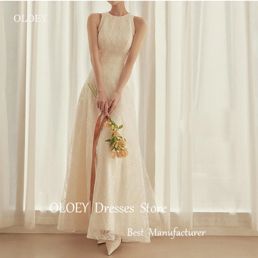 OLOEY Vintage Lace A Line Korea Wedding Dresses Photo shoot Jewel neck Split Ankle Length Bridal Gowns Mariage Custom Made