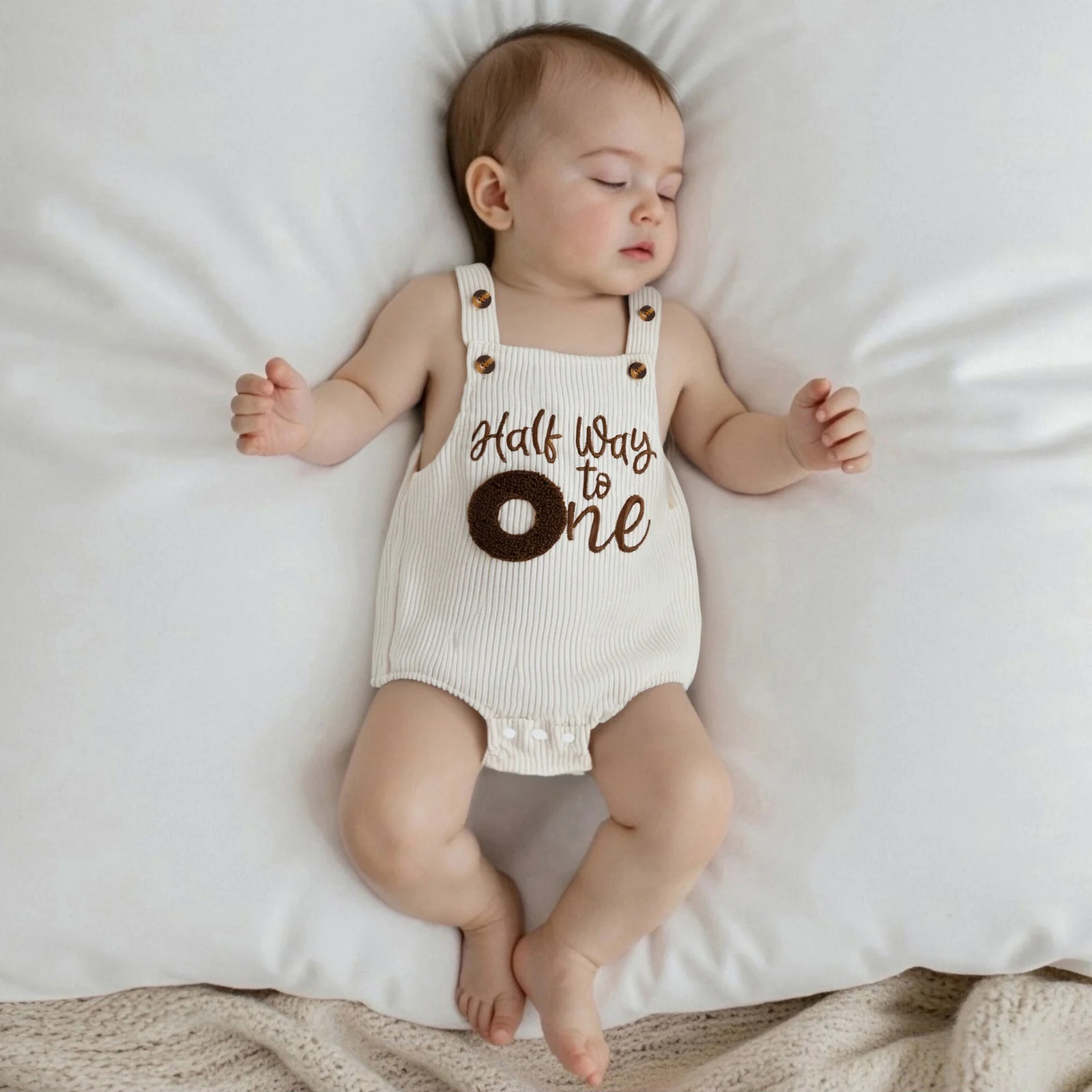 Baby Half Birthday Corduroy Romper Loose Fit Letter Number Print Sleeveless Bodysuits Jumpsuit for Daily Life and Birthday