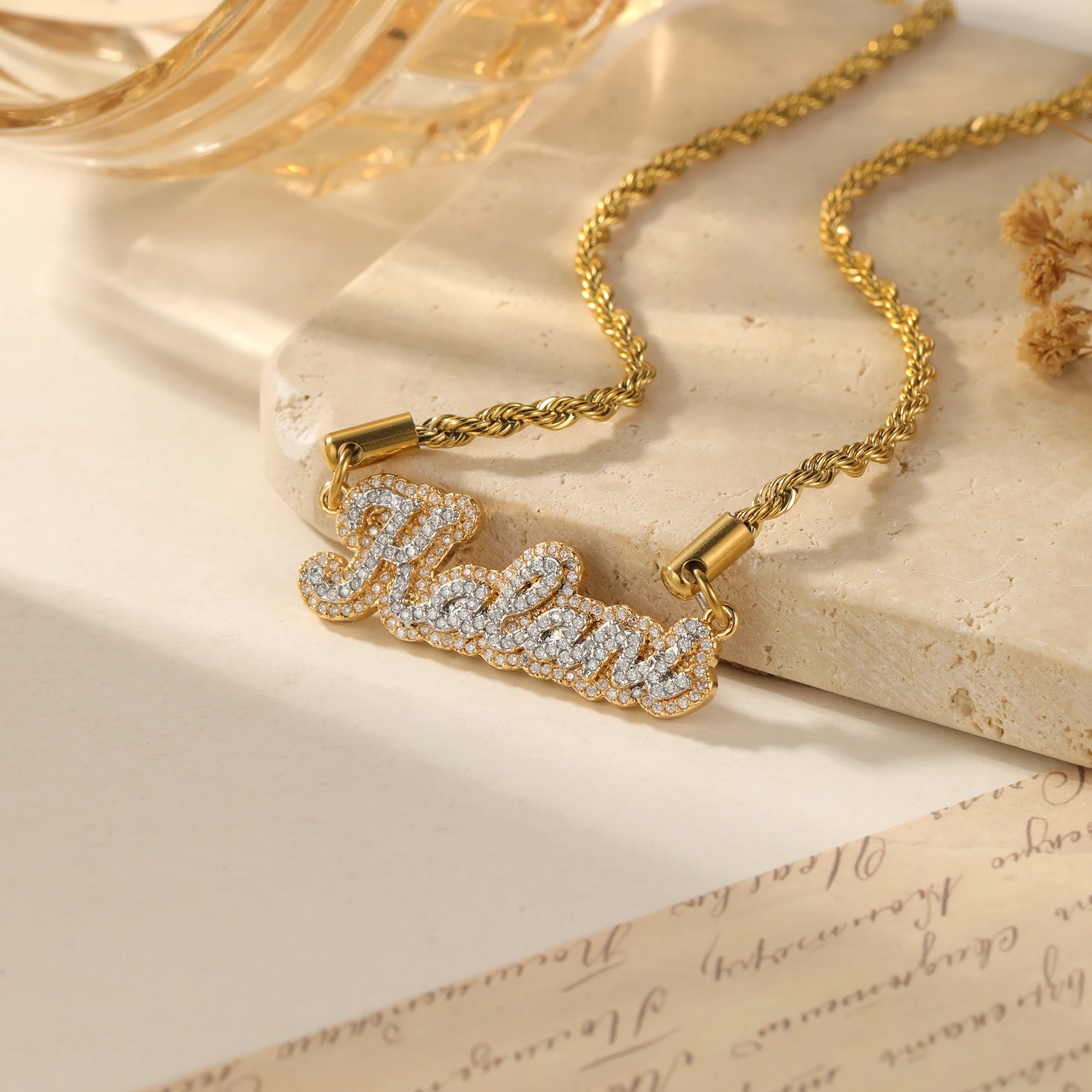 Custom Name Necklace 3D Personalized Script Letter Pendant Zircon Paved Luxury Statement Jewelry Birthday Gift  for Women