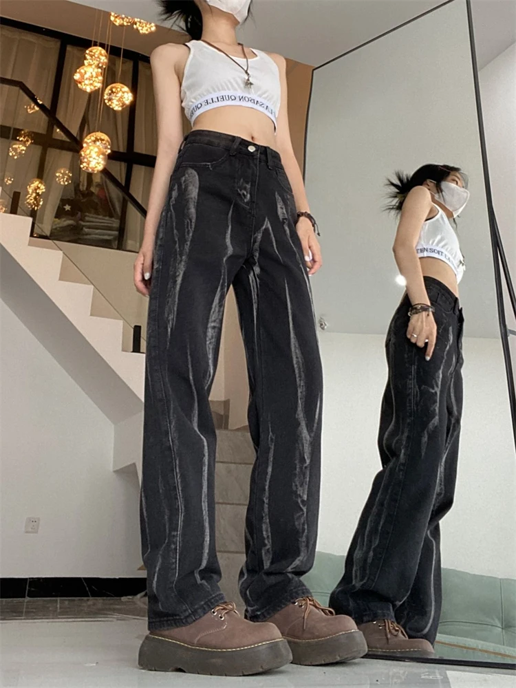 Women's Stripe Tie Dye Design Black Jeans Cool Girl Streetwear Y2K High Waisted Cowboy Trouser Casual Splash-ink Denim Pants