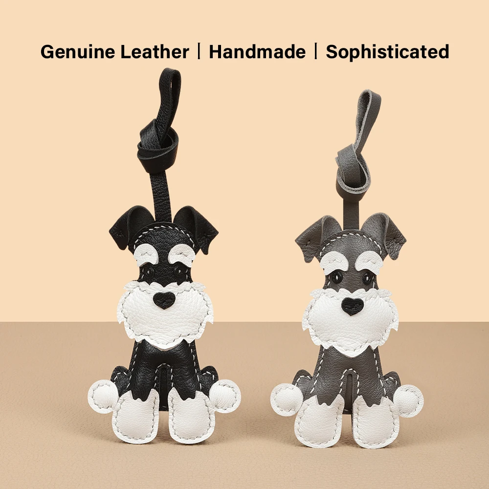 CRAZYSMITH Handmade Genuine Leather Bag Charm Schnauzer Keychain Purse Charms Bag Pendant for Handbags DIY Gift Bag Accessories