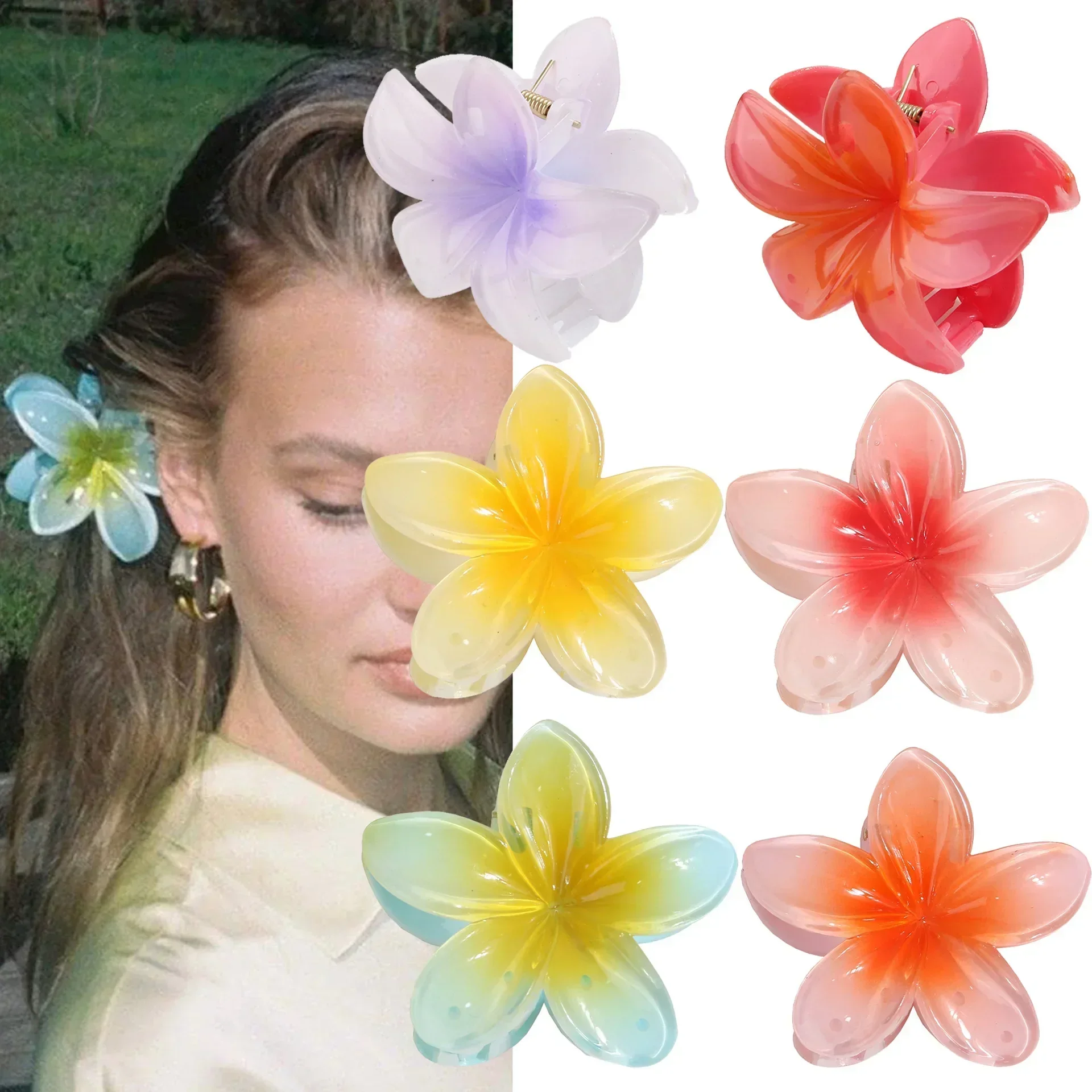 Gradient Flower Hair Clips Set Vintage Beach Style Cute Hairpins Claw Clips Summer Flower Hairpins Hair Accessories Hawaiian