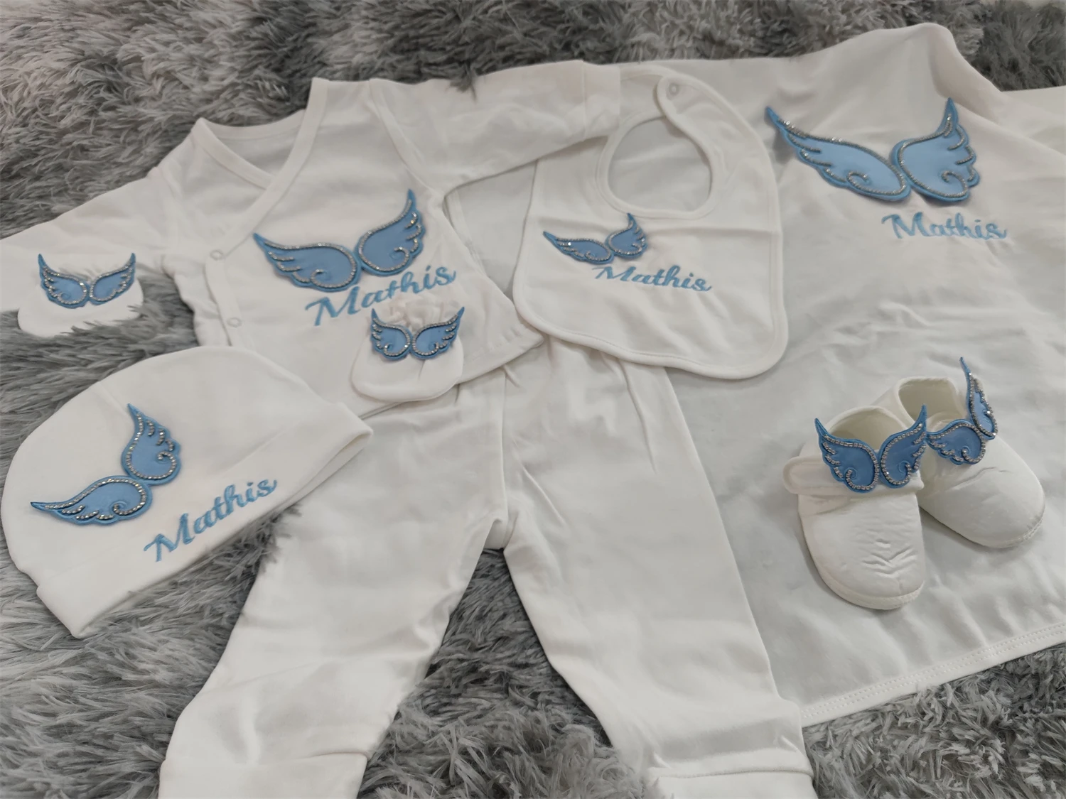 7Pcs Newborn Baby Boy Angel Wings Letter Print Romper Set Soft Breathable Cotton 0-6 Months Daily Wear