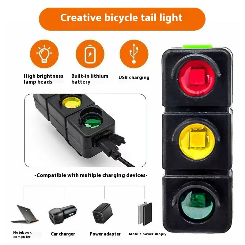 Creative Traffic Light Shape Cute LED Bike Light  Rechargeable Bicycle Rear Waterproof Taillight  Cycling Night Safety Warning