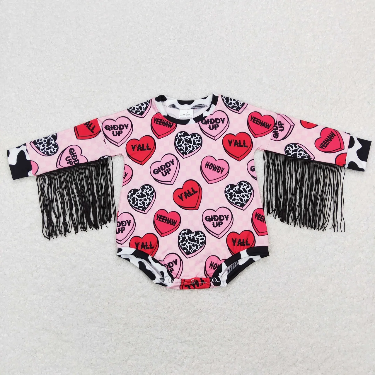 Wholesale Kids Baby Girl Valentine's Day Tassel Long Sleeves Romper Children Toddler Newborn Infant Hearts Jumpsuit Clothing