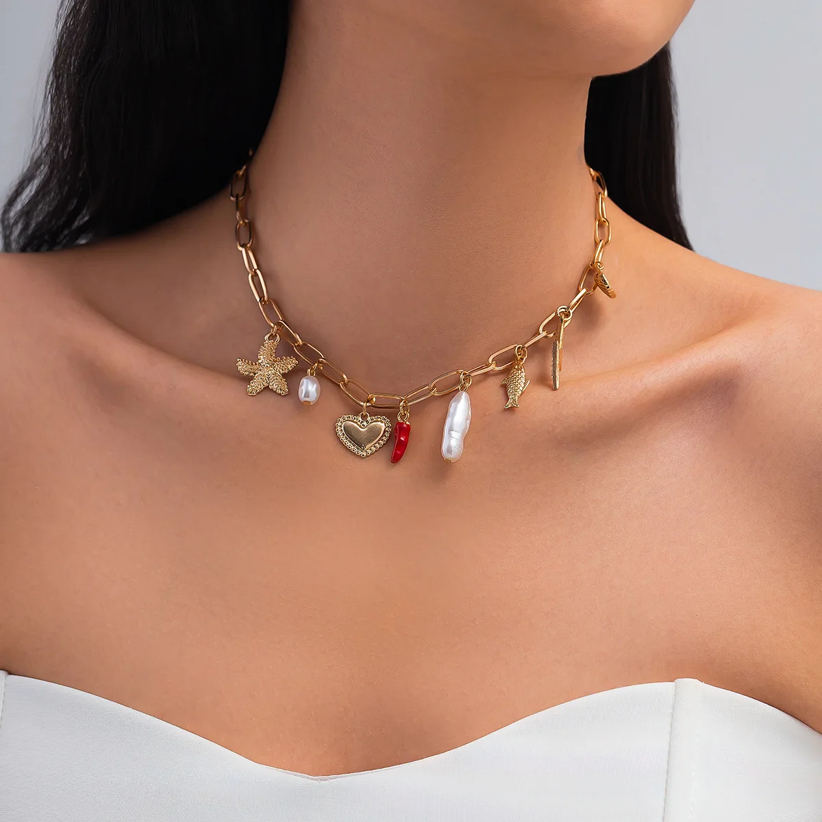 Accessories, Vacation Cherry Pepper Oil Drop Pendant Necklace, Vintage Ocean Style Alloy Collarbone Chain