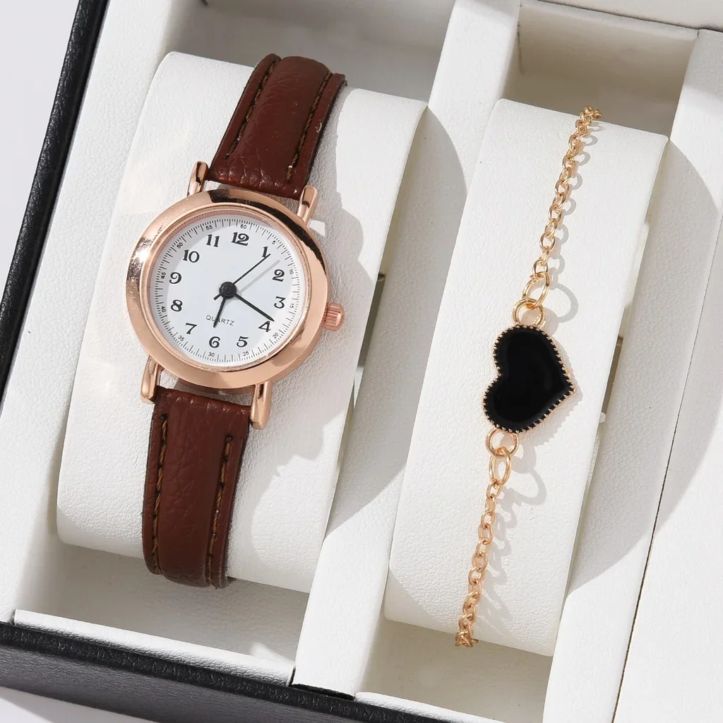【Free Bracelet】Women's Fashion Casual Leather Watch Strap Quartz Watches Bracelet Two Piece Set