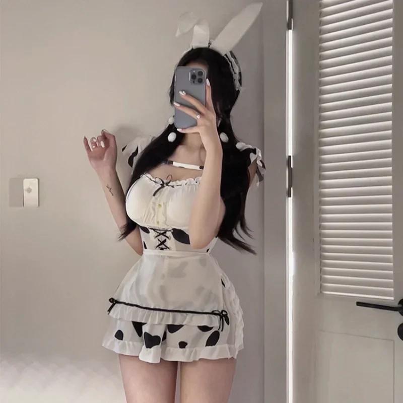 Conejo de Anime japonés, disfraces de Halloween, dibujos animados en blanco y negro, vaca Lolita, juego de rol, Cosplay de amor en vivo, lencería, vestido de fiesta