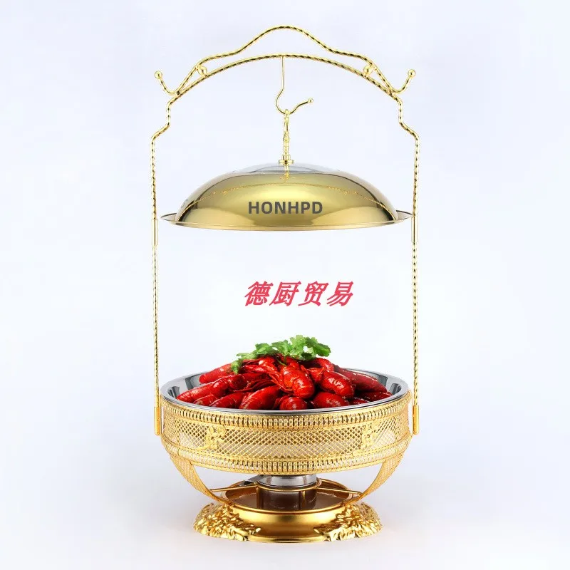 Customized golden stainless steel hanging stove restaurant Hotel European wrought iron food heating container novel lace alcohol