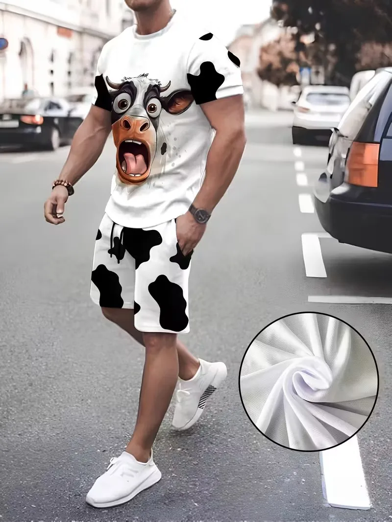 2025 Funny Print Men's T-shirt Shorts 2-piece Set large Size Loose Short Sleeve and Shorts Clothes Summer Holiday Men's Clothing