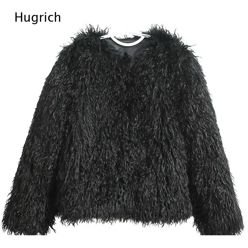 Women Winter Shaggy Faux Fur Outer Jacket Round Neck Long Sleeve Curly Fluffy Short Coat for Daily Wear 4