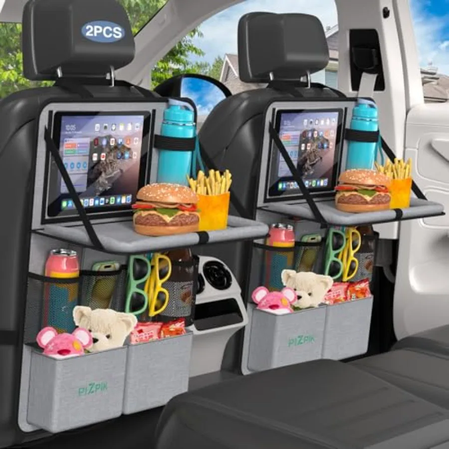 

Car Backseat Organizer with Tablet Holder, 11 Storage Pockets with Foldable Food Tray, Protector Kick Mats for,Travel Accessori