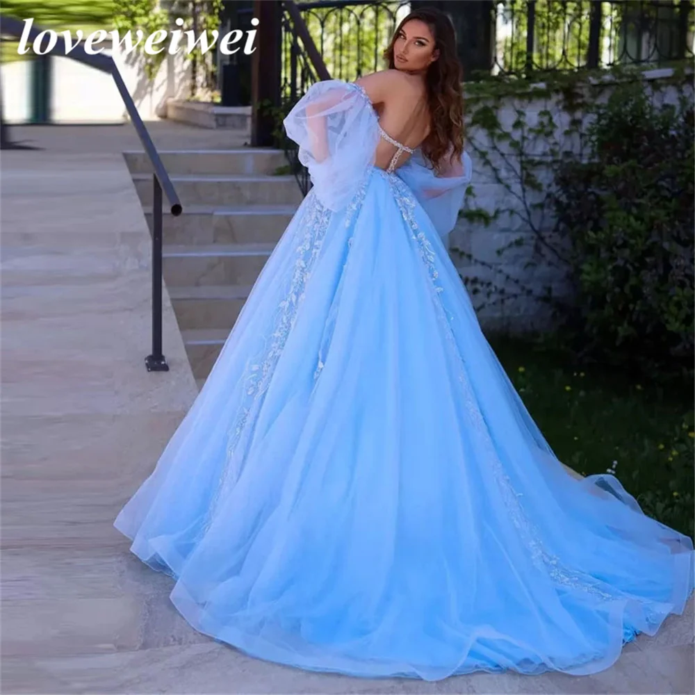 Charming Sky Blue Shiny Appliques Beaded Prom Dress Detachable Puff Sleeves Tulle Ball Gowns Corset Princess Evening Gown Dress