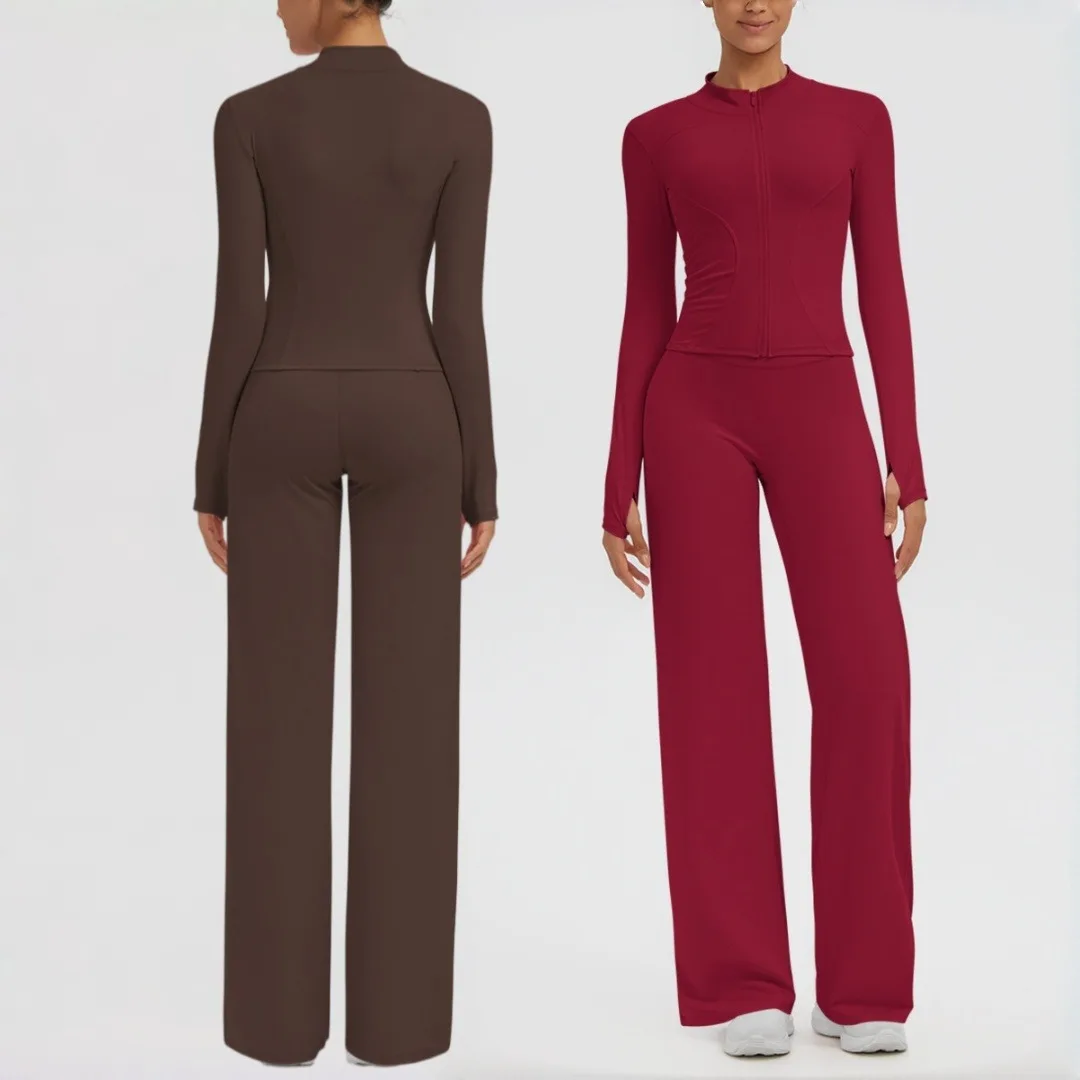 Women's Sports Zipper Jacket Yoga Set High Waist Hip Lift Loose Wide Leg Pants Fitness Set Running Casual Workout Gym Yoga Set