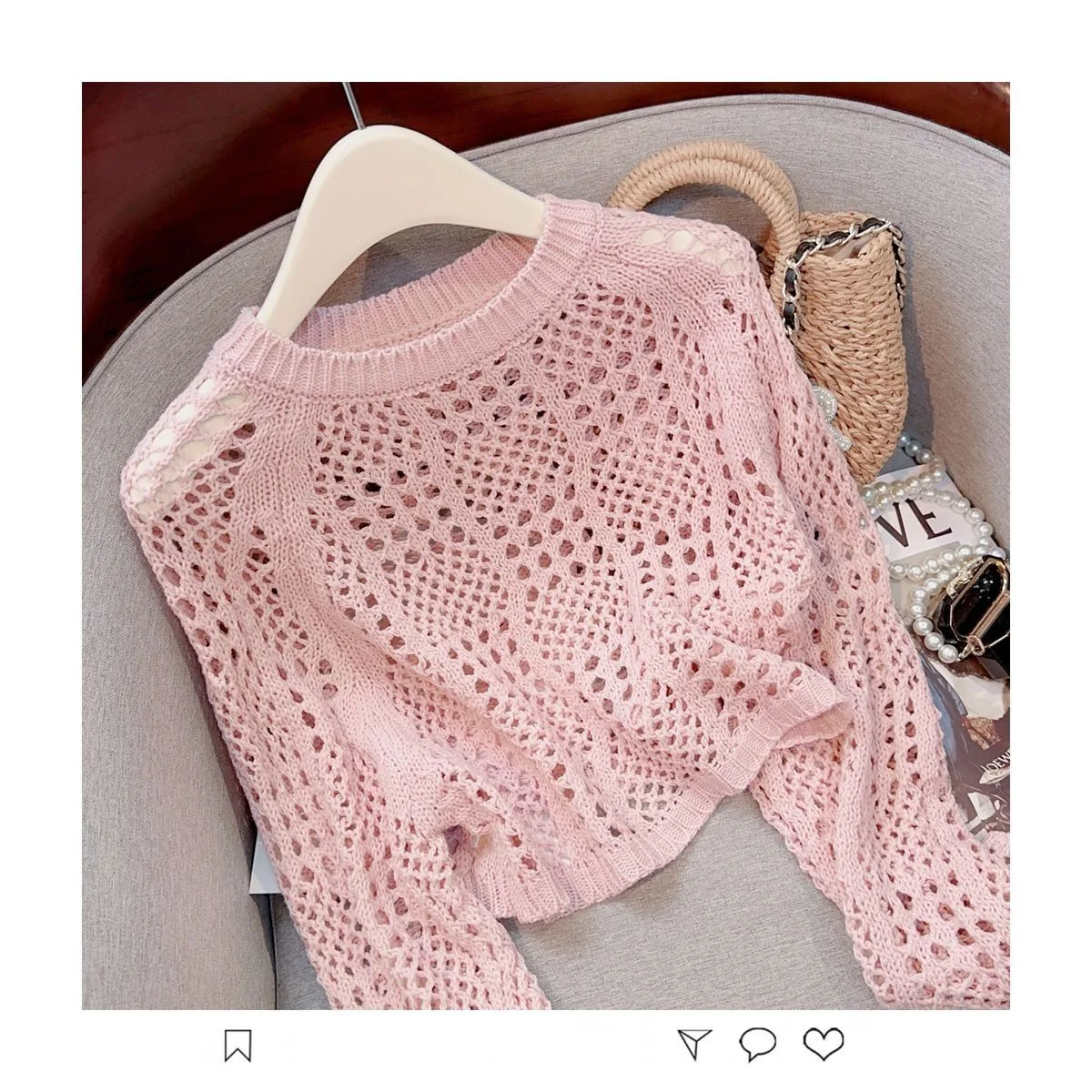 Women Sweater Solid Color Summer Round Neck Hollow Out Long Sleeve Casual Loose Knit Top Korean Fashion Blusas Women 2024