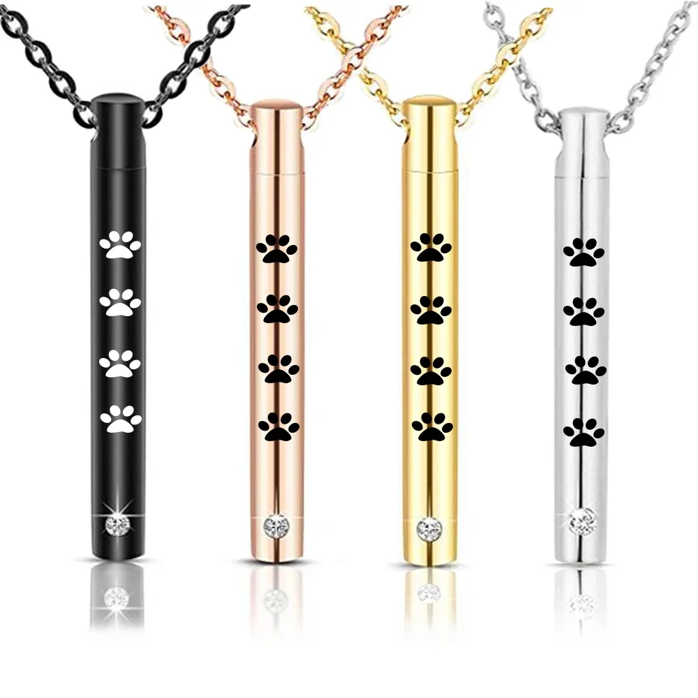 Unisex Stainless Steel Pet,Dog Jewelry Cylinder Crystal Memorial Urn Paw Pendant Screw Open Cremation Necklace Ash Case Holder
