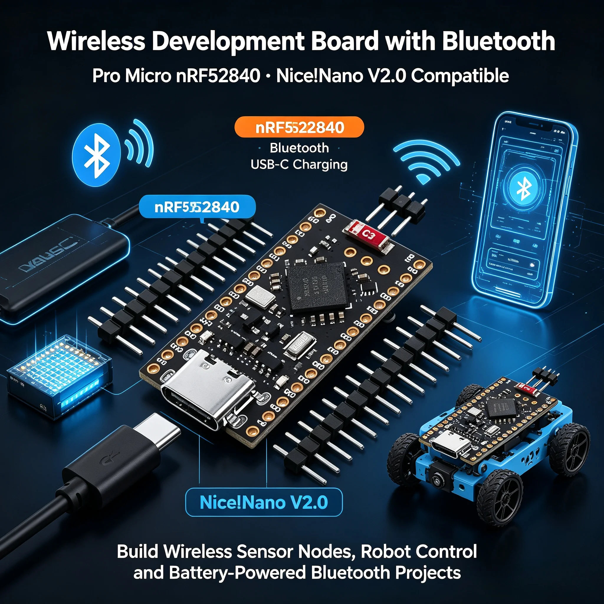 10Pcs Pro Micro nRF52840 Nice!Nano V2.0 Compatible BLE 5.0 USB-C Charging Board