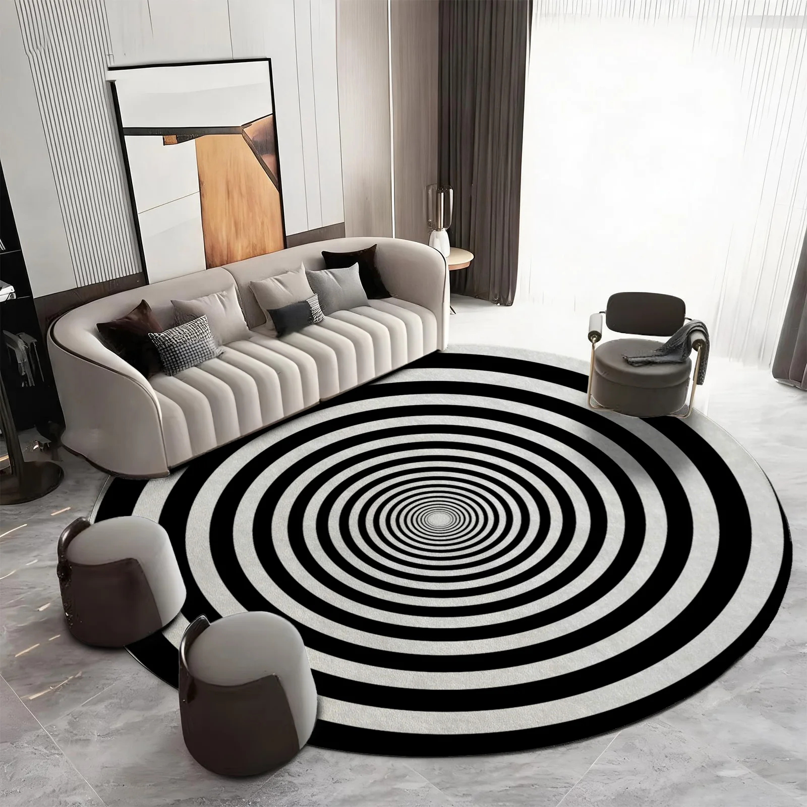 Statement Circular Vortex Black White Spiral Geometric Area Rug Modern Abstract Living Room Decor Home Mat Carpet