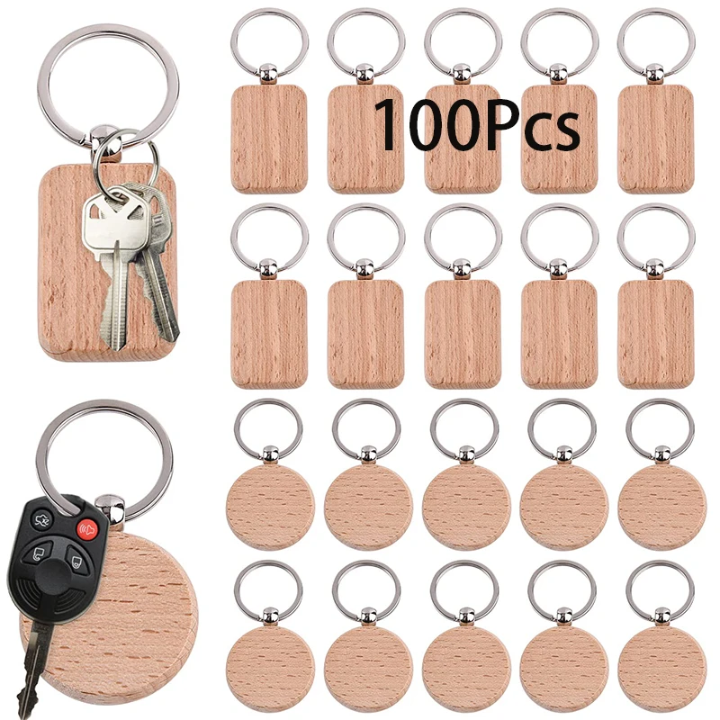 

100Pcs Wood Keychain Beech Wood Blank Unfinished Wood Keychains Craft for DIY Gift Crafts