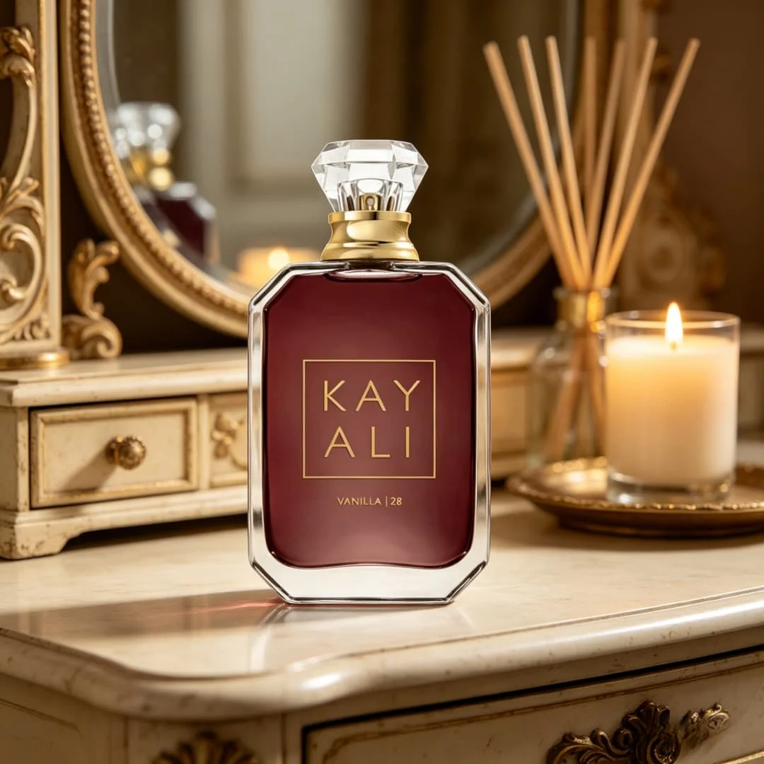 

Kayali Eden Sparkling Lychee | 28 Eau de Parfum Dreamy Blush Pink Design: Soft matte peach-pink bottle with a faceted crystal ca